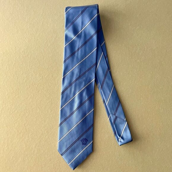 Versace Diagonal Stripe Blue Silk Medusa Logo Mens Luxury Tie Made In Italy - Picture 1 of 4
